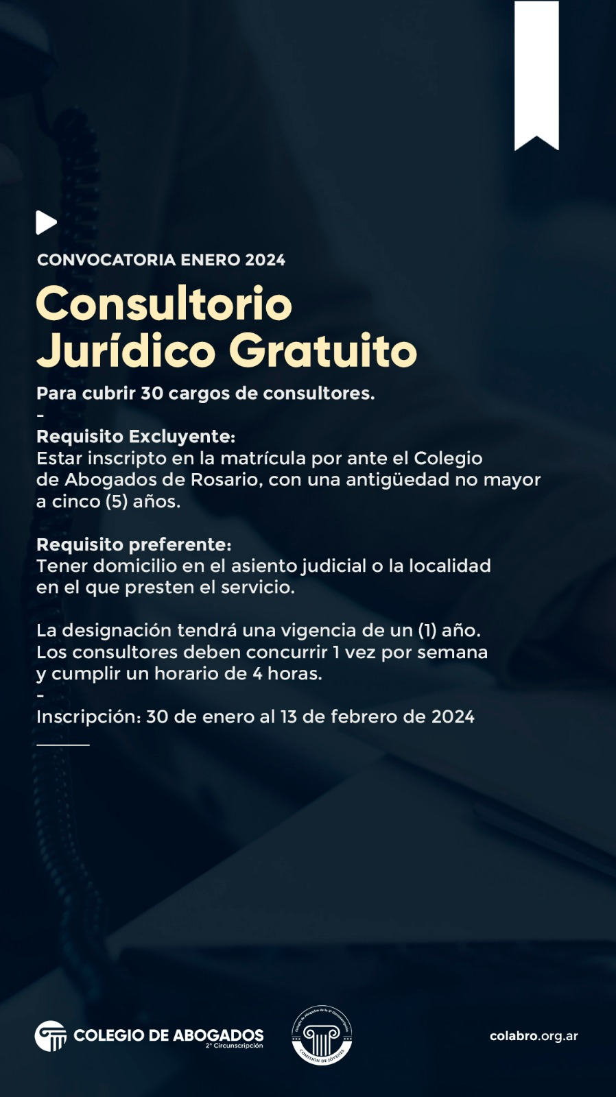 CONSULTORIO JURÍDICO GRATUITO - Convocatoria enero 2024